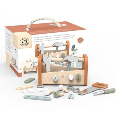 Immagine di Speedy Monkey SP3017 Banco da lavoro, 2 in 1, cassetta degli attrezzi, 25 x 13,5 15 cm, multicolore, giocattolo legno per bambini, con cura, ottima idea regalo