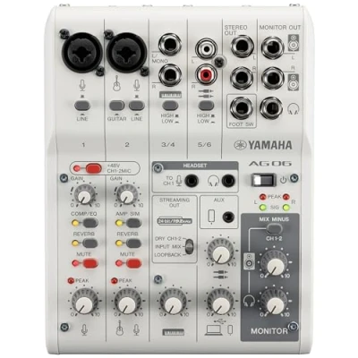 Immagine di YAMAHA Mixer AG06MK2 a 6 Canali per Streaming Live con Interfaccia Audio USB, Windows, Mac, iOS e Android, Bianco