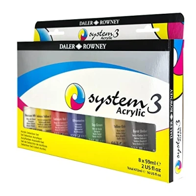 Immagine di Daler Rowney Sistema 3, colori acrilici extrafini set con 8 tubi da 59ml assortiti