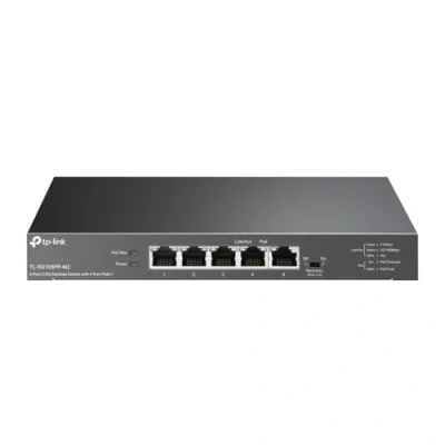 Immagine di TP Link Switch desktop a 5 porte da 2,5 Gbps con 4 PoE++, x 10 Mbps/100 Mbps/1 Gbps/2,5 RJ45, 802.1p/DSCP QoS, potenza PoE fino 123W, nessuna configurazione necessaria (TL SG105PP M2)
