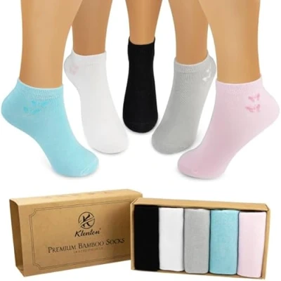 Immagine di Klenton Calzini alla caviglia da donna in bambù, 5 Paia Corti Donna, Calze sneaker taglio basso con cuciture piatte sulle dita, confezione ecologica, Taglia 37 41