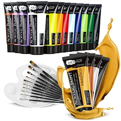 Immagine di Artina Set di 27 colori acrilici Bergamo (16x75ml) incl. 4 metallici impermeabile, 10 pennelli fini + tavolozza miscelazione alta pigmentazione, asciugatura rapida tutte le superfici