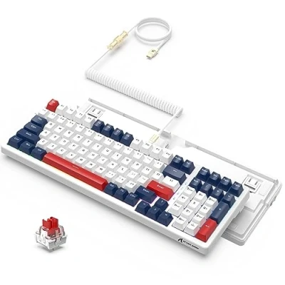 Immagine di ATTACK SHARK K98 Tastiera da gioco hotswap cablata Illuminazione RGB con cavo USB C a spirale,interruttore rosso lineare meccanico personalizzato,attivazione programmabile,100 tasti per Mac/Win (blu)