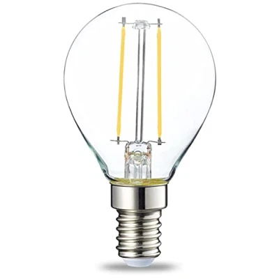 Immagine di Amazon Basics lampadine a LED con attacco Edison E14piccole forma di pallina da golf P45 2 W(equivalenti 25W) filamento in vetro trasparente non dimmerabili, Confezione 6, Bianco Caldo