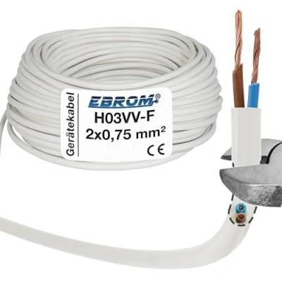 Immagine di Tubo flessibile rotondo in plastica, cavo LED H03VV F 2 x 0,75 mm2 (mm2) Colore: bianco 10 m/15 m/20 m/25 m/30 m/35 m/40 m/45 m/50 m/55 m/60 m ecc. fino a 250 5 metri scelta