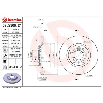 Immagine di BREMBO COATED DISC LINE 09.9908.21 Disco freno 280 22 5 ventilazione interna rivestito ad alto tenore di carbonio con bulloni/viti AUDI: A8 D3