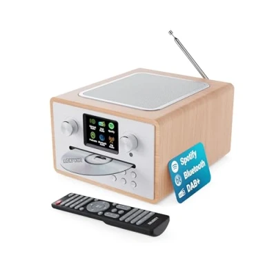 Immagine di Impianto stereo casa Lettore CD internet Radio DAB + Bluetooth, Spotify Connect, Podcast FM, doppia sveglia, 90 preimpostazioni Display LED &amp; telecomando MAJORITY Homerton (quercia)
