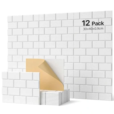 Immagine di Soundsbay pannelli acustici autoadesivi, 12 pezzi, isolamento acustico da parete, rettangolari, tipo mattone, per trattamento e decorazione 30 x 40 0,9 cm