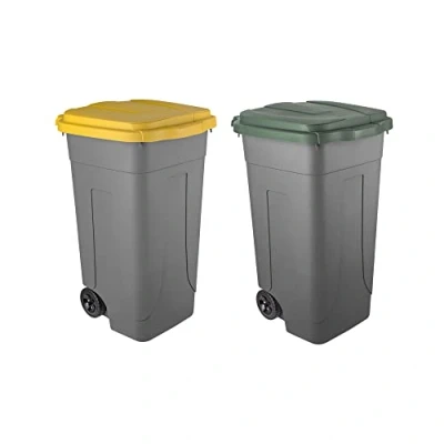 Immagine di Eplastic Set 2 Bidoni Raccolta Differenziata 80L Contenitori Rifiuti con Coperchi Colorati (Giallo e Verde) Pattumiere Ecologiche per Casa Ufficio Corpo Grigio Resistente
