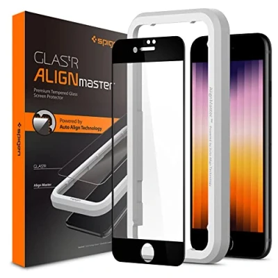Immagine di Spigen AlignMaster Vetro Temperato compatibile con iPhone SE 3 (2022), 2 (2020), 8, 7, Copertura Totale, Durezza 9H Pellicola prottetiva
