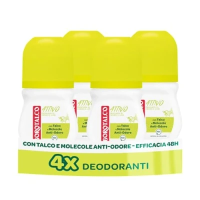 Immagine di Borotalco, Deodorante Roll On Attivo Giallo, Talco con Molecole Anti Odore, Efficacia Fresca, 48h efficacia, Senza Alcool, Profumo di Cedro e Lime 4 Pezzi da 50 ml Esclusiva Amazon