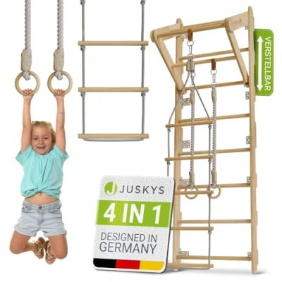 Immagine di Juskys spalliera per bambini con barra di trazione, struttura arrampicata interni anelli ginnici e scala corda, parete la stanza dei bambini, ginnica