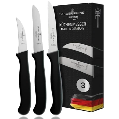 Immagine di SCHWERTKRONE Spelucchino Set di 3 coltelli per verdure, coltello universale pomodoro, lama dentata antiruggine Prodotto a Solingen, Germania