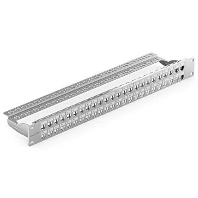 Immagine di deleyCON 48 Porte Patch Panel Pannello Modulare per Moduli RJ Keystone 1HE (1U) 19 Pollici Montaggio Rack CAT5 CAT6 CAT7 CAT8 Compatibile LAN Rete Grigio