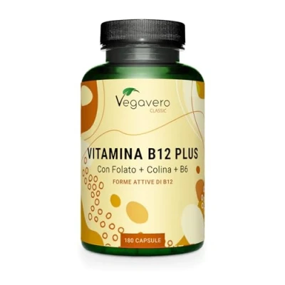 Immagine di Vitamina B12 Vegan 1000 mcg con Acido Folico, B6 e Colina Metilcobalamina + Adenosilcobalamina (Forme Attive) SENZA ADDITIVI 180 capsule Vegavero®