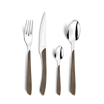 Immagine di Amefa Eclat Nature Set di posate in acciaio inox da 24 pezzi con manico ABS effetto legno scuro