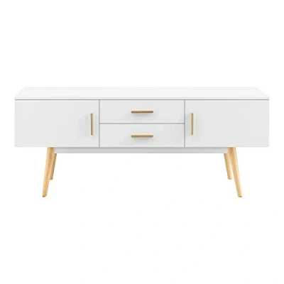 Immagine di Mobile Porta TV con 2 Armadi e Cassetti 140 x 40 56 cm Supporto Passaggio Cavi Tavolino Consolle Bianco
