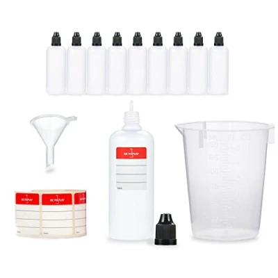 Immagine di OCTOPUS 10 bottiglie in plastica LDPE da 100 ml con coperchio nero e punta di dosaggio + imbuto misurino 150 ml, per liquid, inchiostri alcolici molti liquidi