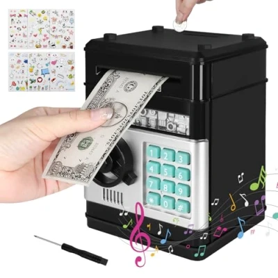 Immagine di UCAMP Salvadanaio elettronico,salvadanaio digitale ATM con password e accettazione automatica di banconote,inclusi 6 adesivi,cacciavite,regalo per bambini bambine dai 3 ai 12 anni (nero)