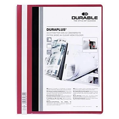 Immagine di Durable 257903 Cartellina ad Aghi Duraplus, Formato A4+, Fronte Trasparente e Retro Colorato, Rosso, Confezione da 25 Pezzi