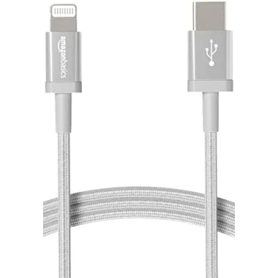 Immagine di Amazon Basics Cavo di ricarica USB C a Lightning, certificato MFi, in nylon intrecciato, per iPhone 13/12/11/X/XS/XR/8, 1.8 m, Argento