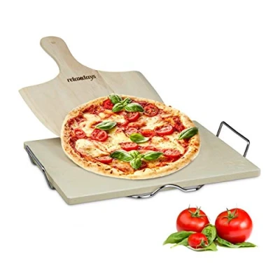 Immagine di Relaxdays Pietra Refrattaria, Set con Pala per Pizza, in Legno, Ollare, 1,5cm Spessore, Rettangolare, Color naturale
