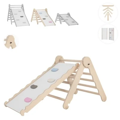 Immagine di MAMOI® Triangolo con Scivolo in Legno Naturale per Bambini, Parete Arco Arrampicata Uso Interno, Percorso Montessori a Partire da 1/2/3 Anni