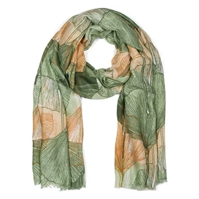 Immagine di styleBREAKER Sciarpa da donna con motivo di foglie Ginkgo Leaves colorate e frange corte, leggera sciarpa, stola 01016208, colore:Verde marrone