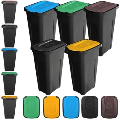 Immagine di KADAX set di pattumiere per la raccolta dei rifiuti, 5 x 30 l, sistema differenziata, pattumiera in plastica con coperchio ribaltabile (5, tutti i colori del