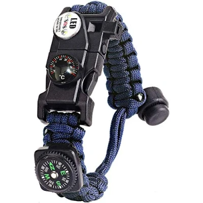 Immagine di Braccialetto Paracord Sopravvivenza Militare Kit, Bracciale Regolabile con Flint + Bussola Termometro per attività all&#039;aperto Escursionismo Campeggio di Emergenza (Blu)