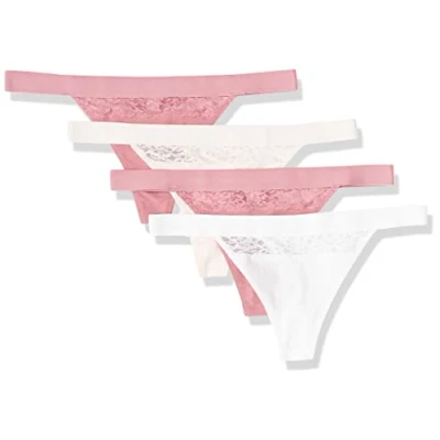 Immagine di Amazon Essentials Intimo Perizoma in Cotone e Pizzo Donna, Pacco da 4, Bianco Brillante/Rosa Pallido/Malva, 46