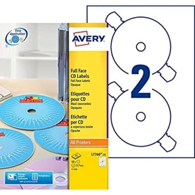 Immagine di Avery Full Face CD/DVD Label Etichette per CD, 50 unità, 25 fogli x 2, colore: Bianco lucido