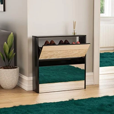 Immagine di Vida Designs Welham Scarpiera con 2 Cassetti, a Specchio, per Corridoio, Armadietto, Porta Scarpe, Credenza in Legno, Colore: Nero, Drawer, ingegnerizzato, 67 x L 63 P 17 cm Circa