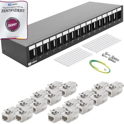 Immagine di hb digital Pannello patch a 16 porte di rete 1U + 16x CAT 6a Keystone Module RJ45 femmina jack per montaggio parete compatibile con cavo posa 5e 6 Ethernet LAN DSL nero