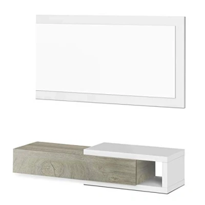 Immagine di Habitdesign Corridoio con cassetto e Specchio, Mobile da Ingresso, Modello Noon, Rifinito in Bianco Artik Quercia dell&#039;Alaska, Misure: 95 cm (Larghezza) x 19 (Altezza) 26 (profondità)