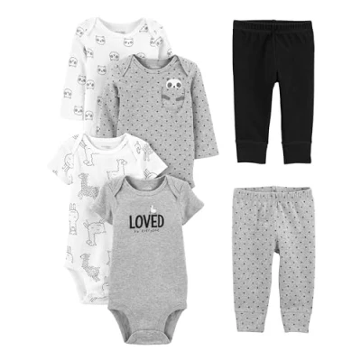 Immagine di Simple Joys by Carter&#039;s 6 Piece Neutral Bodysuits (Short Long Sleeve) And Pants Set Layette, Bianco Lama/Grigio Stampa Testo/Nero/Panda, 24 Mesi Unisex Bambino