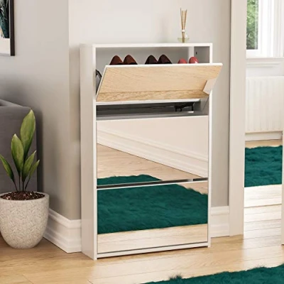 Immagine di Vida Designs Welham Scarpiera con 3 Cassetti, a Specchio, per Corridoio, Armadietto, Porta Scarpe, Credenza in Legno, Bianco, Drawer, H: 100.2 / W: 62.4 D: 16.5 cm Circa