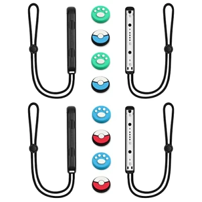 Immagine di Vicloon 2 Coppia Switch Controller di Blocco da Polso Lanyard, con 8 Carino Tappo del Joystick, Corda Regolabile per Joycon, Nero