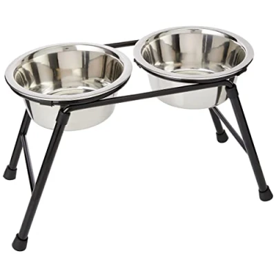 Immagine di Classic Pet Products 4552 Alimentatore doppio con supporto alto 2 piatti in acciaio inossidabile, Nero/Alluminio, x 900 ml, Altezza 220 mm