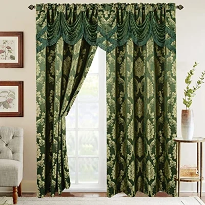 Immagine di Elegant Comfort Set di 2 tende con mantovana a cascata, effetto jacquard, 150 x 200 cm, verde cacciatore/salvia