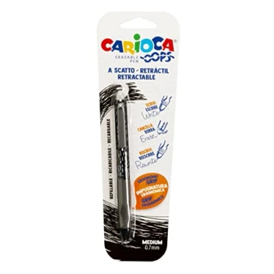 Immagine di CARIOCA Oops Penna Nera, Cancellabile Ricaricabile per Scuola e Ufficio con Cappuccio, Doppia Gomma Impugnatura Ergonomica, Colore Nero, 1 Pezzo