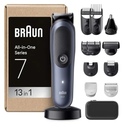 Immagine di Braun Rifinitore All In One Series 7 AIO7565, Rasoio Elettrico Barba E Capelli 13In1 Con Lama ProBlade Tecnologia AutoSense, 120 Min. Di Autonomia, Pettini Aree Sensibili Sfumatura, Wet&amp;Dry, Blu