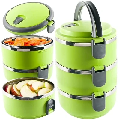 Immagine di Retoo Contenitore per il pranzo termico portatile, in acciaio inox, a 3 strati, impilabile, prova di perdite, colore verde