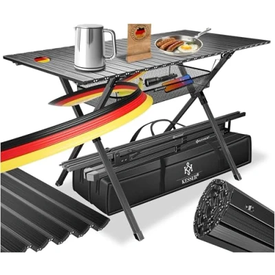 Immagine di KESSER tavolo da campeggio pieghevole con telaio in alluminio, pieghevole, regolabile altezza, 145 cm x 70 fino a 100 kg, borsa per il trasporto e rete, colore