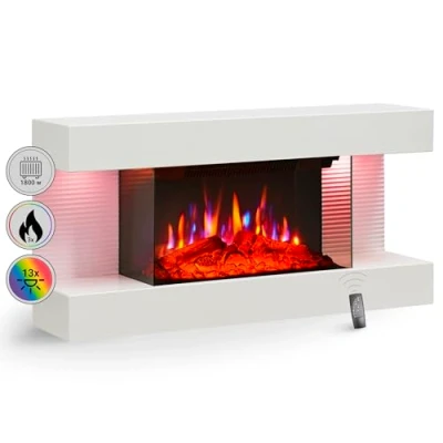 Immagine di BALDERIA Ida camino elettrico da parete con effetto fiamma 3D, riscaldamento elettrico, 1800 W, telecomando, controllo di avvio, timer e termostato, colore: bianco
