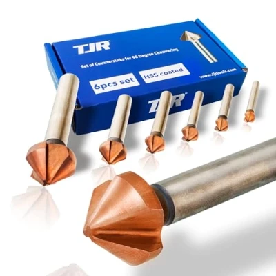 Immagine di TJR HSS 4241 con svasatori rivestiti a 90 Set di 6 punte per utensili (6,3 8,3 10,4 12,4 16,5 20,5mm) in scatola cartone acciaio inossidabile, acciaio, alluminio, ottone, plastica e altri.