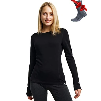 Immagine di Maglia Termica Donna di Lana Merinos Merino Maglietta Maniche Lunghe Peso Medio Magliette Intimo Base Layer + Le Calze in (Medium, Black 250)