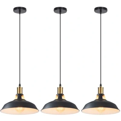 Immagine di iDEGU 3 Pezzi Lampadario a Sospensione Vintage Industriale 27cm Lampada da Soffitto in Metallo E27 Retro per Cucina Soggiorno Sala Pranzo (Nero + Bianco)