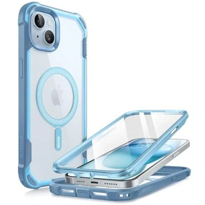 Immagine di i Blason AresMag custodia per iPhone 15/iPhone 14/iPhone 13 [6,1 pollici], compatibile con MagSafe, integrale antiurto robusta trasparente pellicola protettiva integrata (blu)