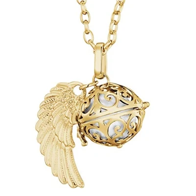 Immagine di Morella Collana Catenina Donna Angelo Custode in Acciaio Inox Oro 70 cm con Ciondolo ad Ali di e Sfera Bianca 16 mm Sacchetto Velluto